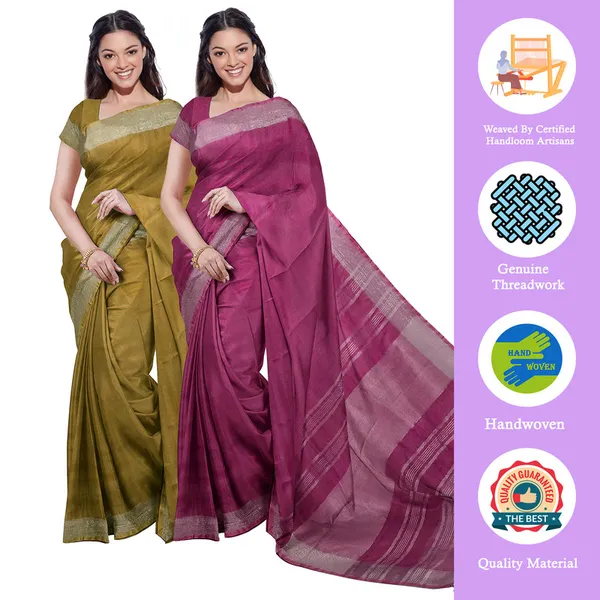 Olive_Green_&_Raspberry_Pink_women's_Bhagalpuri_Handloom_Cotton-Linen_Blend_Saree_Combo_(Pack_Of_2)_With_Running_Unstiched_Blouse_Piece