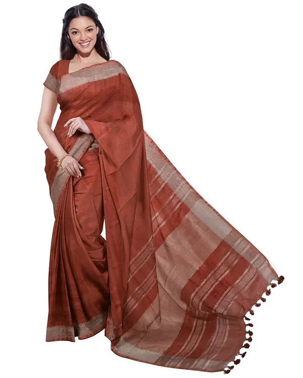 Olive_Green_&_Sienna_Orange_women's_Bhagalpuri_Handloom_Cotton-Linen_Blend_Saree_Combo_(Pack_Of_2)_With_Running_Unstiched_Blouse_Piece