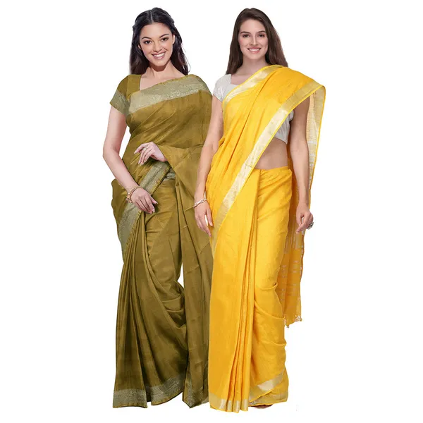 Olive_Green_&_Yellow_women's_Bhagalpuri_Handloom_Cotton-Linen_Blend_Saree_Combo_(Pack_Of_2)_With_Running_Unstiched_Blouse_Piece