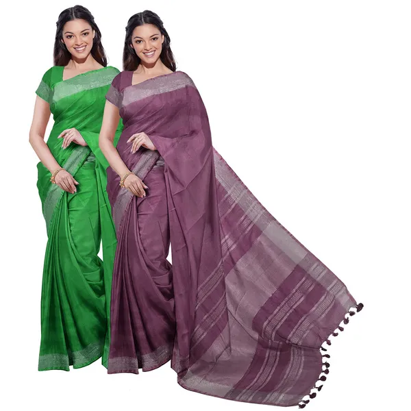 Pigment_Green_&_Quinacridone_Magenta_women's_Bhagalpuri_Handloom_Cotton-Linen_Blend_Saree_Combo_(Pack_Of_2)_With_Running_Unstiched_Blouse_Piece