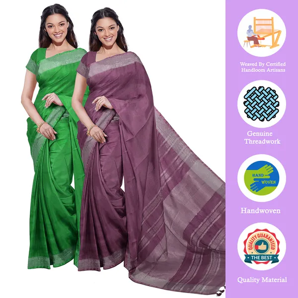 Pigment_Green_&_Quinacridone_Magenta_women's_Bhagalpuri_Handloom_Cotton-Linen_Blend_Saree_Combo_(Pack_Of_2)_With_Running_Unstiched_Blouse_Piece