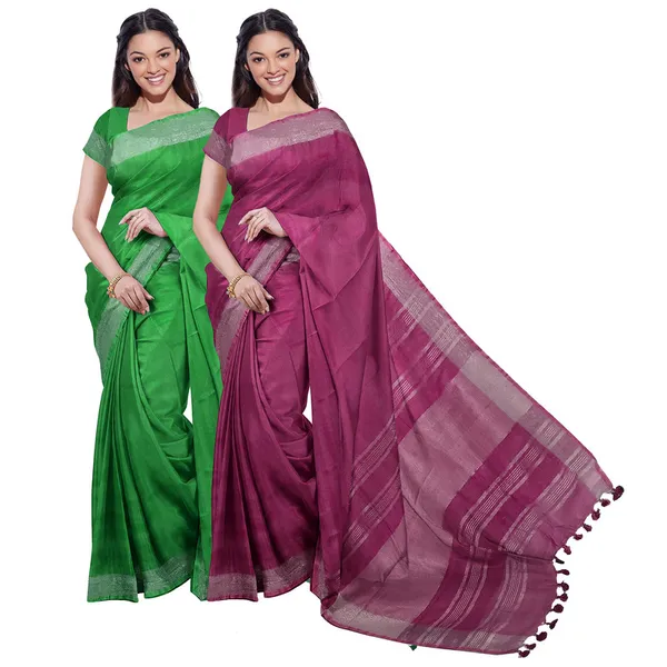 Pigment_Green_&_Raspberry_Pink_women's_Bhagalpuri_Handloom_Cotton-Linen_Blend_Saree_Combo_(Pack_Of_2)_With_Running_Unstiched_Blouse_Piece