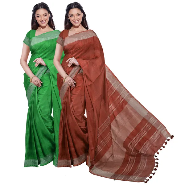 Pigment_Green_&_Sienna_Orange_women's_Bhagalpuri_Handloom_Cotton-Linen_Blend_Saree_Combo_(Pack_Of_2)_With_Running_Unstiched_Blouse_Piece
