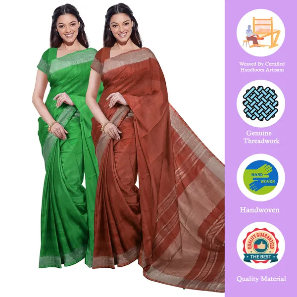 Pigment_Green_&_Sienna_Orange_women's_Bhagalpuri_Handloom_Cotton-Linen_Blend_Saree_Combo_(Pack_Of_2)_With_Running_Unstiched_Blouse_Piece
