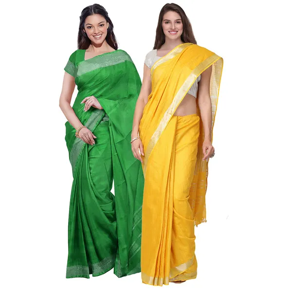 Pigment_Green_&_Yellow_women's_Bhagalpuri_Handloom_Cotton-Linen_Blend_Saree_Combo_(Pack_Of_2)_With_Running_Unstiched_Blouse_Piece