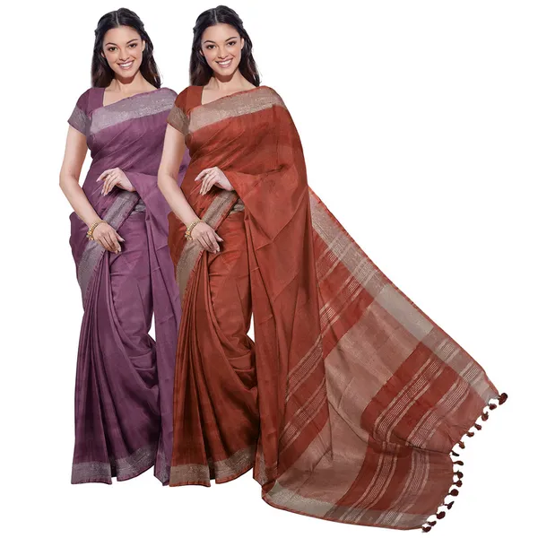 Quinacridone_Magenta_&_Sienna_Orange_women's_Bhagalpuri_Handloom_Cotton-Linen_Blend_Saree_Combo_(Pack_Of_2)_With_Running_Unstiched_Blouse_Piece