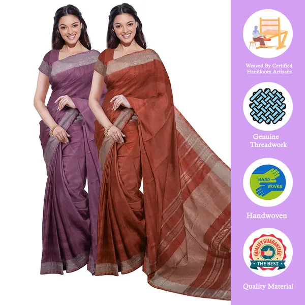 Quinacridone_Magenta_&_Sienna_Orange_women's_Bhagalpuri_Handloom_Cotton-Linen_Blend_Saree_Combo_(Pack_Of_2)_With_Running_Unstiched_Blouse_Piece