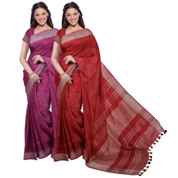 Raspberry_Pink_&_Red_women's_Bhagalpuri_Handloom_Cotton-Linen_Blend_Saree_Combo_(Pack_Of_2)_With_Running_Unstiched_Blouse_Piece