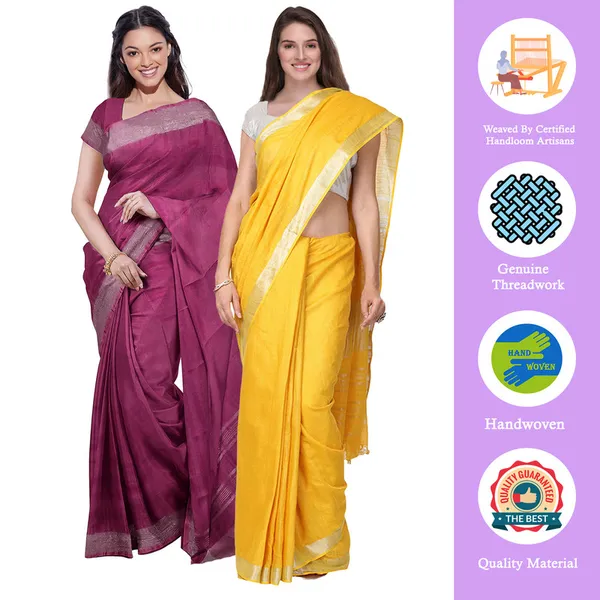 Raspberry_Pink_&_Yellow_women's_Bhagalpuri_Handloom_Cotton-Linen_Blend_Saree_Combo_(Pack_Of_2)_With_Running_Unstiched_Blouse_Piece