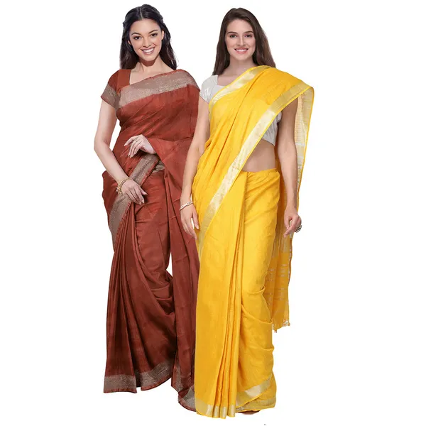 Sienna_Orange_&_Yellow_women's_Bhagalpuri_Handloom_Cotton-Linen_Blend_Saree_Combo_(Pack_Of_2)_With_Running_Unstitched_Blouse_Piece
