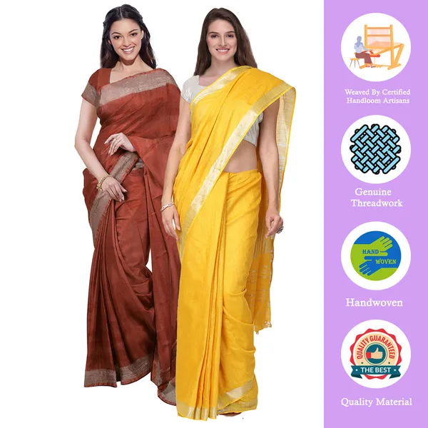 Sienna_Orange_&_Yellow_women's_Bhagalpuri_Handloom_Cotton-Linen_Blend_Saree_Combo_(Pack_Of_2)_With_Running_Unstitched_Blouse_Piece