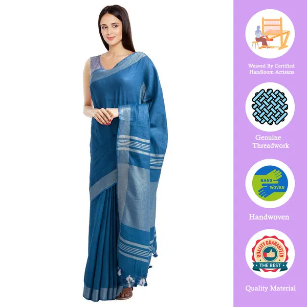 California_Blue_women's_Bhagalpuri_Handloom_Blend_Linen-Cotton_Saree_With_Running_Unstiched_Blouse_Piece_Free_Size_Variation_Of_Colors