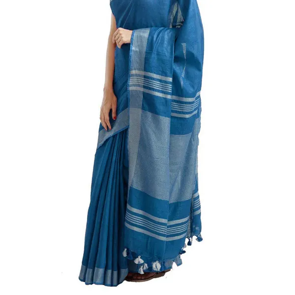 California_Blue_women's_Bhagalpuri_Handloom_Blend_Linen-Cotton_Saree_With_Running_Unstiched_Blouse_Piece_Free_Size_Variation_Of_Colors