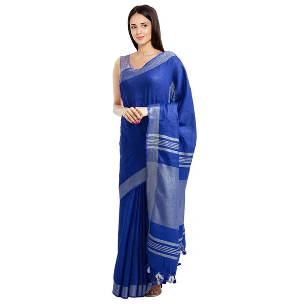 Fine_Blue_women's_Bhagalpuri_Handloom_Blend_Linen-Cotton_Saree_With_Running_Unstiched_Blouse_Piece_Free_Size_Variation_Of_Colors