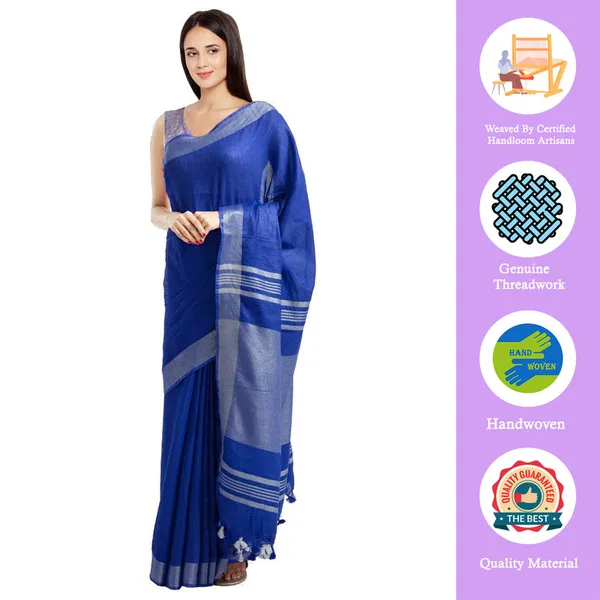 Fine_Blue_women's_Bhagalpuri_Handloom_Blend_Linen-Cotton_Saree_With_Running_Unstiched_Blouse_Piece_Free_Size_Variation_Of_Colors