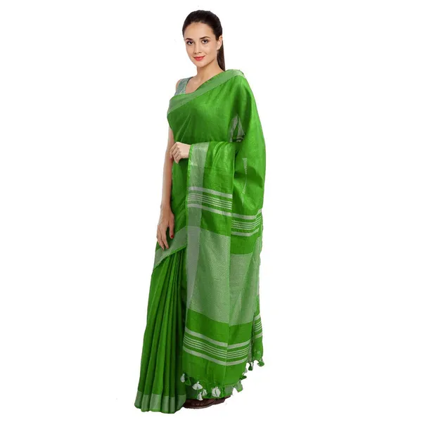 Green_women's_Bhagalpuri_Handloom_Blend_Linen-Cotton_Saree_With_Running_Unstitched_Blouse_Piece_Free_Size_Variation_Of_Colors