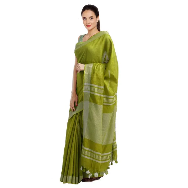 Moss_Green_women's_Bhagalpuri_Handloom_Blend_Linen-Cotton_Saree_With_Running_Unstiched_Blouse_Piece_Free_Size_Variation_Of_Colors