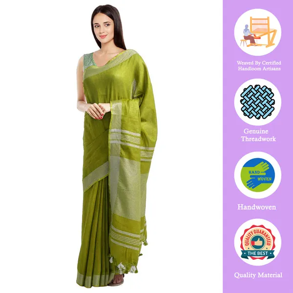 Moss_Green_women's_Bhagalpuri_Handloom_Blend_Linen-Cotton_Saree_With_Running_Unstiched_Blouse_Piece_Free_Size_Variation_Of_Colors