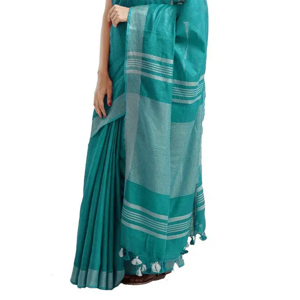 Persian_Cyan_women's_Bhagalpuri_Handloom_Blend_Linen-Cotton_Saree_With_Running_Unstiched_Blouse_Piece_Free_Size_Variation_Of_Colors