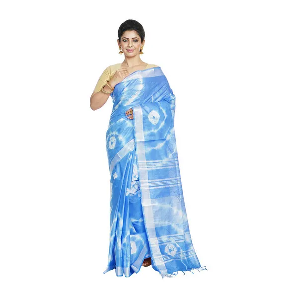 Capri_Cyan_women's_Bhagalpuri_Handloom_Linen_Blend_Tie-Dye_(Sibory_Dye)_Saree_With_Running_Unstiched_Blouse_Piece