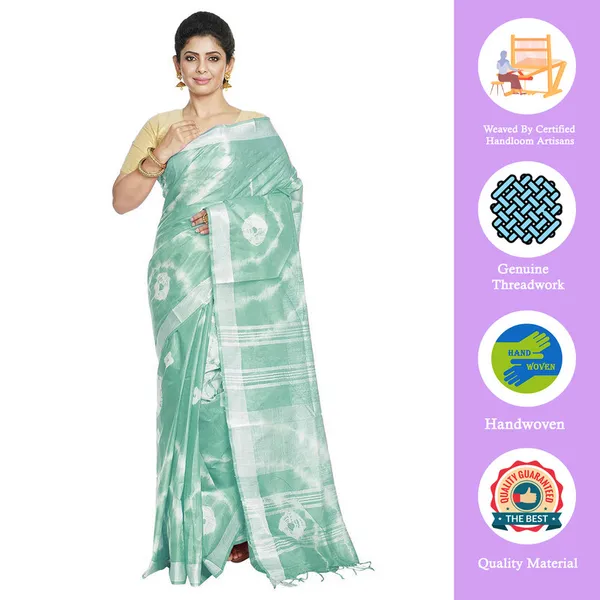 Mint_Green_women's_Bhagalpuri_Handloom_Linen_Blend_Tie-Dye_(Sibory_Dye)_Saree_With_Running_Unstiched_Blouse_Piece