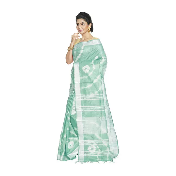 Mint_Green_women's_Bhagalpuri_Handloom_Linen_Blend_Tie-Dye_(Sibory_Dye)_Saree_With_Running_Unstiched_Blouse_Piece