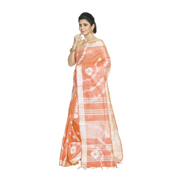 Orange_women's_Bhagalpuri_Handloom_Linen_Blend_Tie-Dye_(Sibory_Dye)_Saree_With_Running_Unstiched_Blouse_Piece