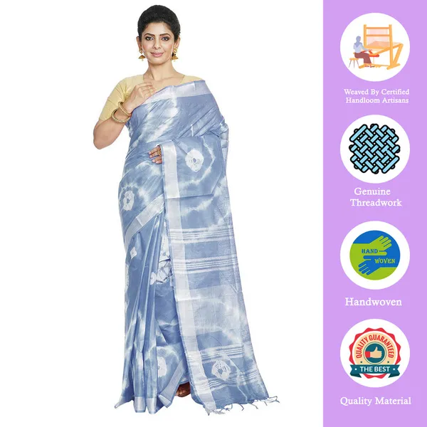 Powder_Blue_women's_Bhagalpuri_Handloom_Linen_Blend_Tie-Dye_(Sibory_Dye)_Saree_With_Running_Unstiched_Blouse_Piece