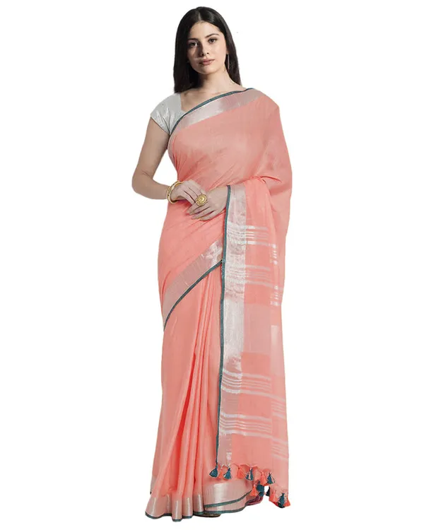Coral_Pink_women's_Bhagalpuri_Handloom_Cotton_Linen_Blend_Saree_With_Contrast_Unstiched_Blouse_Piece