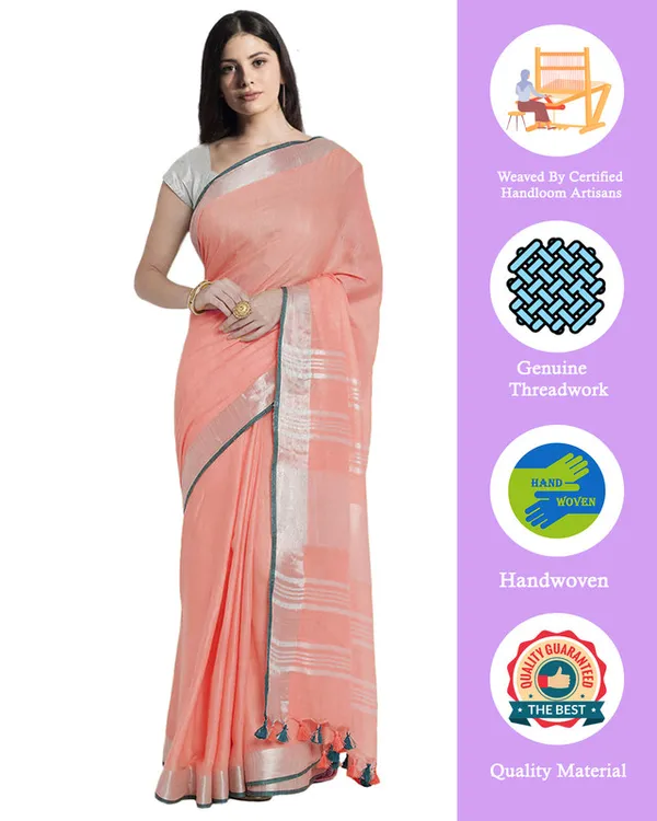 Coral_Pink_women's_Bhagalpuri_Handloom_Cotton_Linen_Blend_Saree_With_Contrast_Unstiched_Blouse_Piece