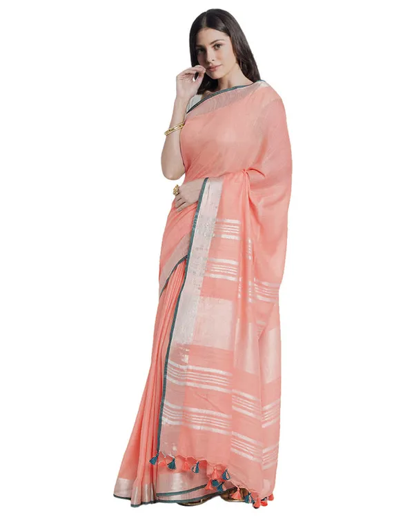 Coral_Pink_women's_Bhagalpuri_Handloom_Cotton_Linen_Blend_Saree_With_Contrast_Unstiched_Blouse_Piece