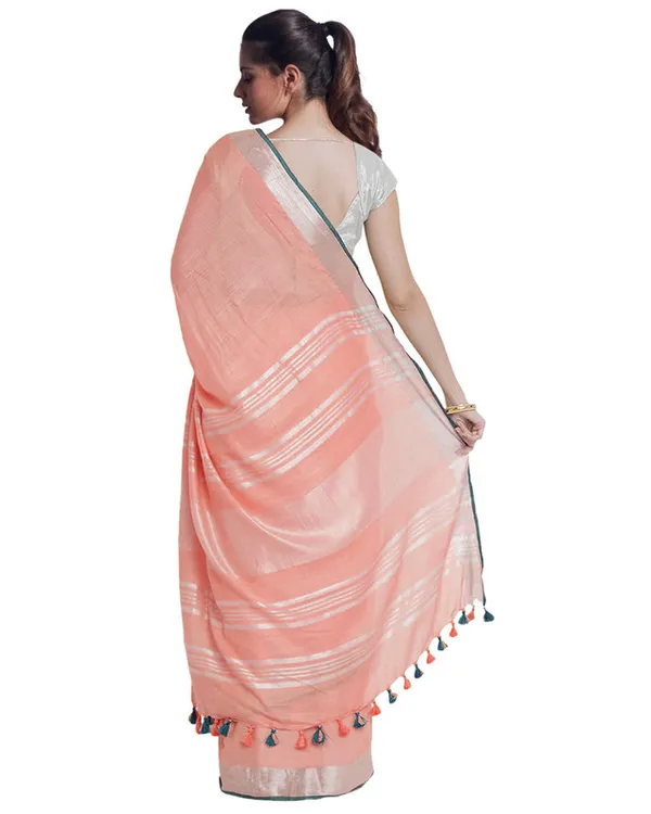 Coral_Pink_women's_Bhagalpuri_Handloom_Cotton_Linen_Blend_Saree_With_Contrast_Unstiched_Blouse_Piece