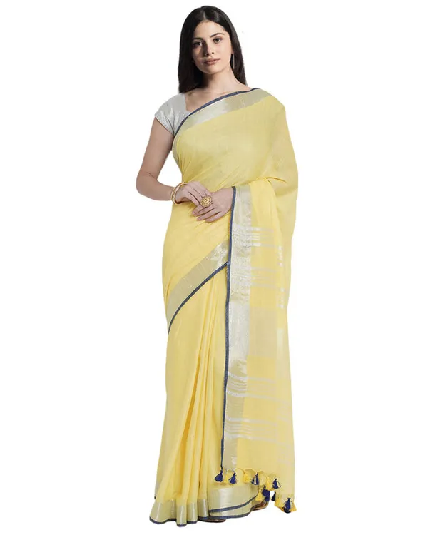 Daisy_Yellow_women's_Bhagalpuri_Handloom_Cotton_Linen_Blend_Saree_With_Contrast_Unstiched_Blouse_Piece