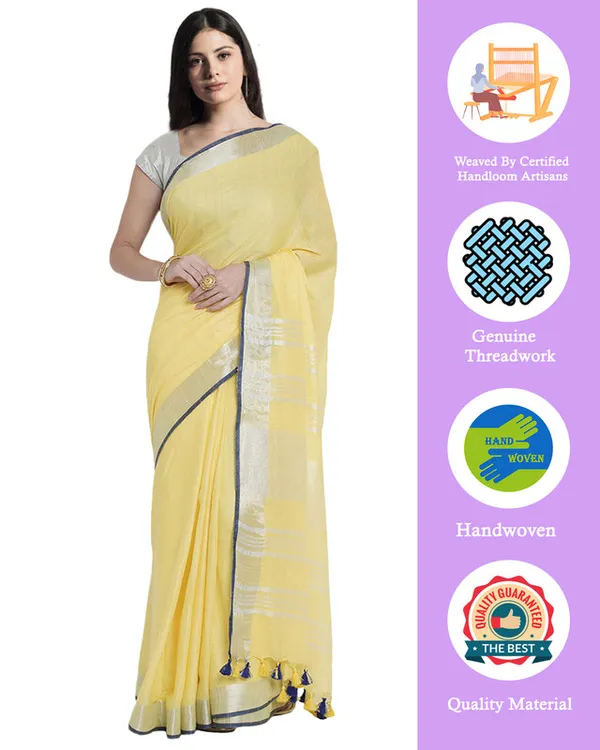Daisy_Yellow_women's_Bhagalpuri_Handloom_Cotton_Linen_Blend_Saree_With_Contrast_Unstiched_Blouse_Piece