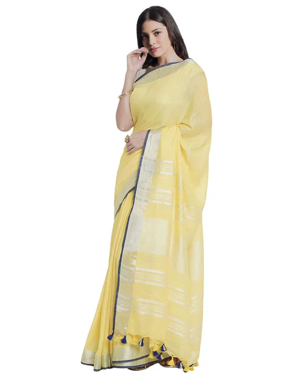 Daisy_Yellow_women's_Bhagalpuri_Handloom_Cotton_Linen_Blend_Saree_With_Contrast_Unstiched_Blouse_Piece