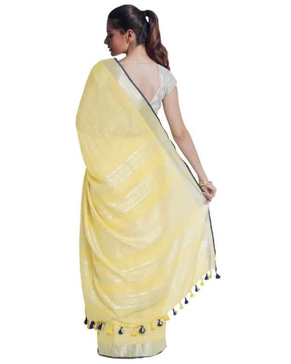 Daisy_Yellow_women's_Bhagalpuri_Handloom_Cotton_Linen_Blend_Saree_With_Contrast_Unstiched_Blouse_Piece