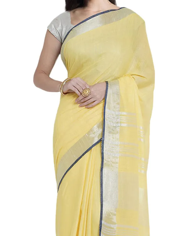 Daisy_Yellow_women's_Bhagalpuri_Handloom_Cotton_Linen_Blend_Saree_With_Contrast_Unstiched_Blouse_Piece