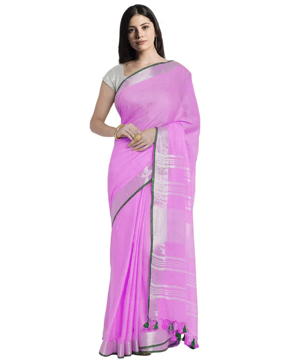 Orchid_Magenta_women's_Bhagalpuri_Handloom_Cotton_Linen_Blend_Saree_With_Contrast_Unstiched_Blouse_Piece