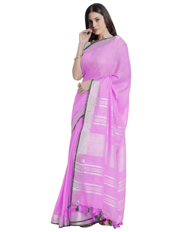 Orchid_Magenta_women's_Bhagalpuri_Handloom_Cotton_Linen_Blend_Saree_With_Contrast_Unstiched_Blouse_Piece