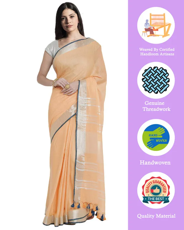 Tangerine_Peach_women's_Bhagalpuri_Handloom_Cotton_Linen_Blend_Saree_With_Contrast_Unstiched_Blouse_Piece