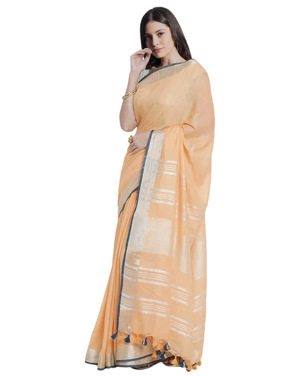 Tangerine_Peach_women's_Bhagalpuri_Handloom_Cotton_Linen_Blend_Saree_With_Contrast_Unstiched_Blouse_Piece