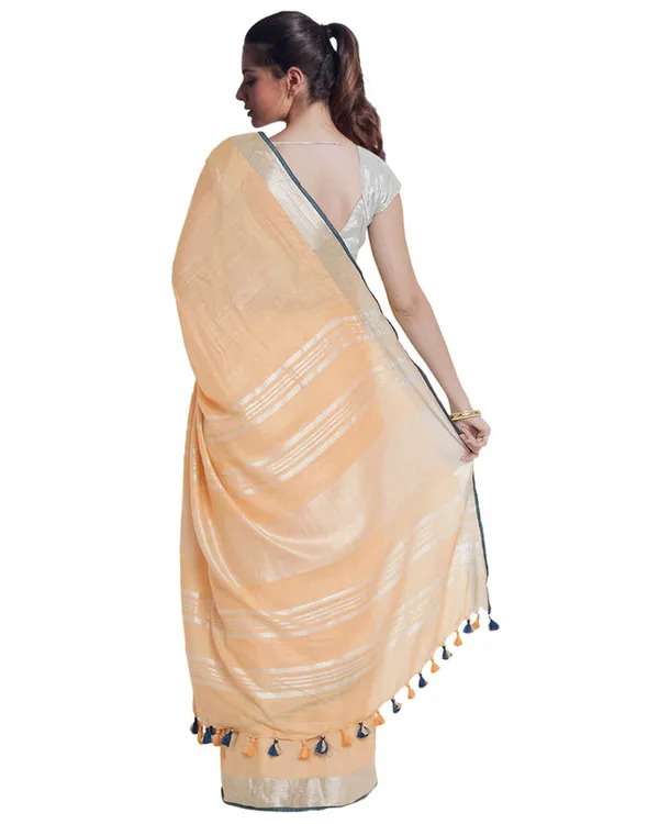 Tangerine_Peach_women's_Bhagalpuri_Handloom_Cotton_Linen_Blend_Saree_With_Contrast_Unstiched_Blouse_Piece