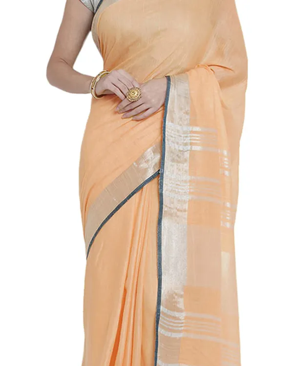 Tangerine_Peach_women's_Bhagalpuri_Handloom_Cotton_Linen_Blend_Saree_With_Contrast_Unstiched_Blouse_Piece