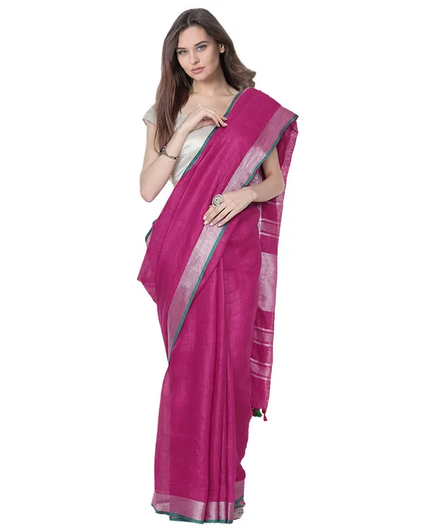 Wild_Strawberry_Pink_women's_Bhagalpuri_Handloom_Cotton_Linen_Blend_Saree_With_Contrast_Unstiched_Blouse_Piece