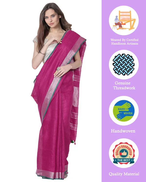 Wild_Strawberry_Pink_women's_Bhagalpuri_Handloom_Cotton_Linen_Blend_Saree_With_Contrast_Unstiched_Blouse_Piece