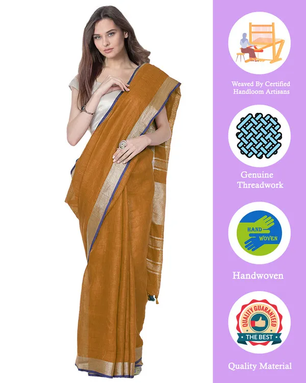 Ochre_Brown_women's_Bhagalpuri_Handloom_Cotton_Linen_Blend_Saree_With_Contrast_Unstiched_Blouse_Piece