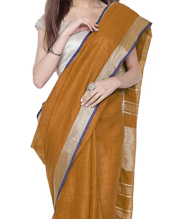 Ochre_Brown_women's_Bhagalpuri_Handloom_Cotton_Linen_Blend_Saree_With_Contrast_Unstiched_Blouse_Piece