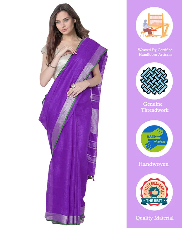 French_Violet_women's_Bhagalpuri_Handloom_Cotton_Linen_Blend_Saree_With_Contrast_Unstiched_Blouse_Piece