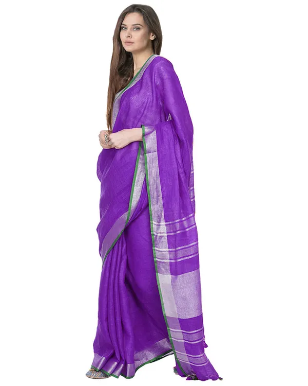 French_Violet_women's_Bhagalpuri_Handloom_Cotton_Linen_Blend_Saree_With_Contrast_Unstiched_Blouse_Piece