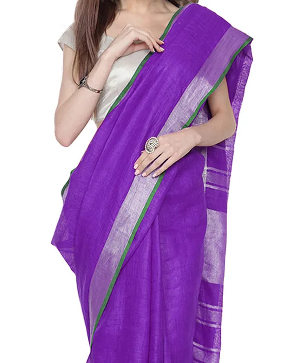 French_Violet_women's_Bhagalpuri_Handloom_Cotton_Linen_Blend_Saree_With_Contrast_Unstiched_Blouse_Piece